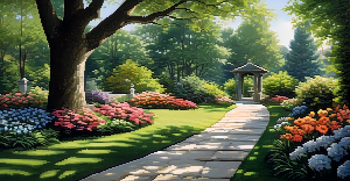 A beautiful garden with colorful flowers, a stone path, and sunlight filtering through the trees.