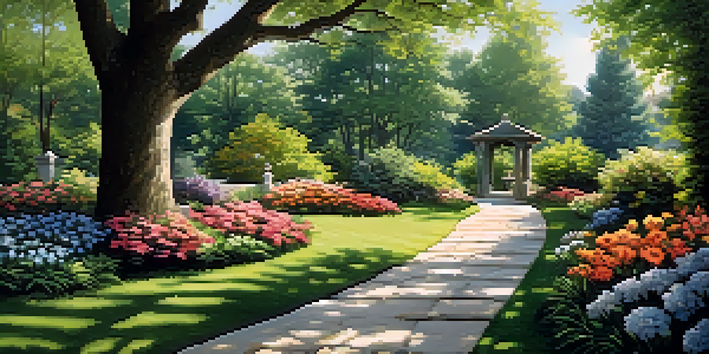 A beautiful garden with colorful flowers, a stone path, and sunlight filtering through the trees.