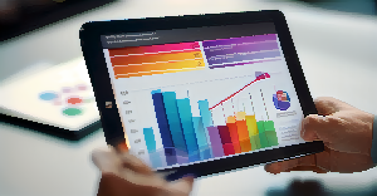 A hand holding a tablet with a colorful pie chart and bar graph, representing market research data in an office setting.