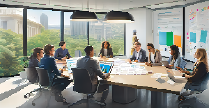 A diverse group of professionals in a bright conference room discussing feedback, with some using digital devices and a whiteboard in the background.
