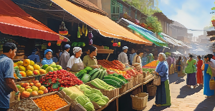 A vibrant market scene with stalls of colorful fruits and handmade crafts, highlighting ethical and sustainable products.