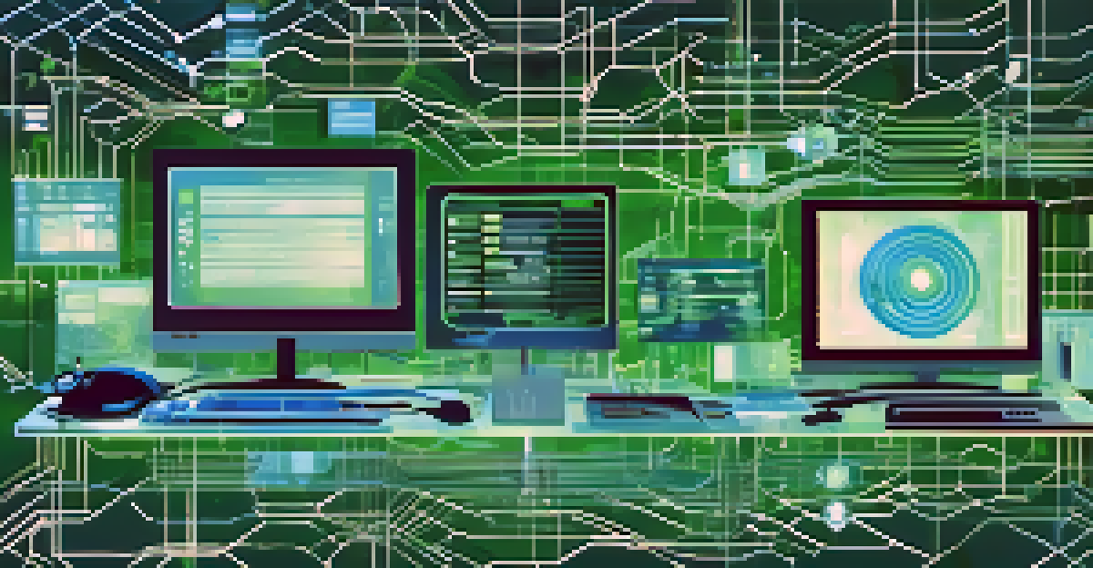A digital abstract image representing surveillance with interconnected lines, nodes, and icons of cameras and computers, using blue and green colors.