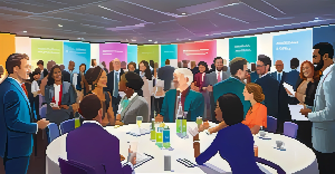 A vibrant networking event with diverse professionals interacting and exchanging ideas in a well-lit conference hall.