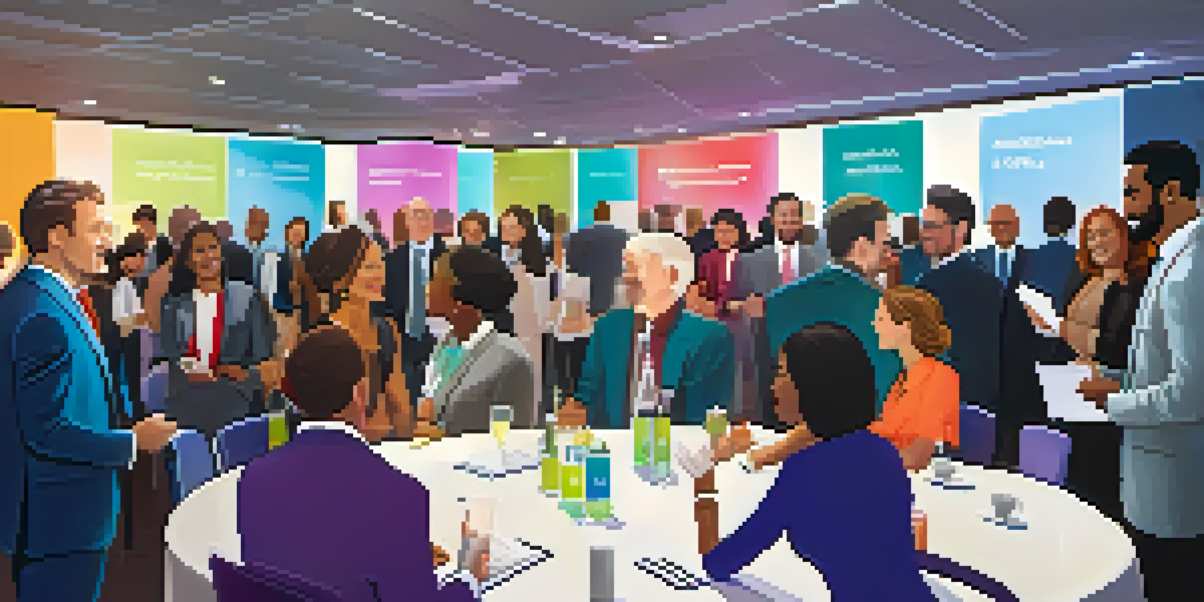 A vibrant networking event with diverse professionals interacting and exchanging ideas in a well-lit conference hall.