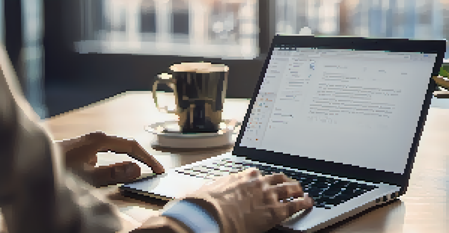 Close-up of hands typing on a laptop with a coffee cup and notebook on a modern desk, showcasing a professional networking environment.