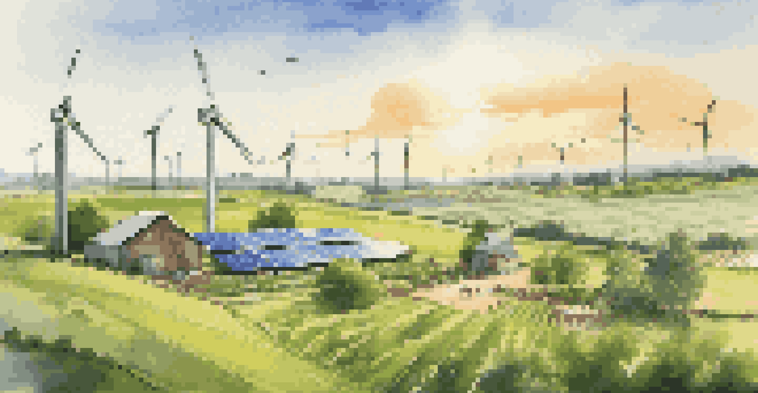 A sustainable farm with farmers working among green fields, solar panels, and wind turbines under a clear blue sky.