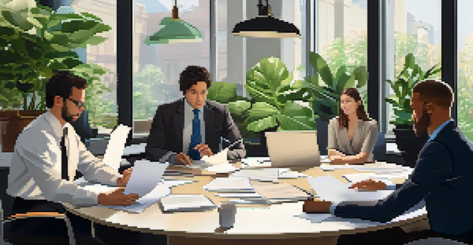 A diverse team of professionals collaborating in a bright office setting, surrounded by natural light and greenery.