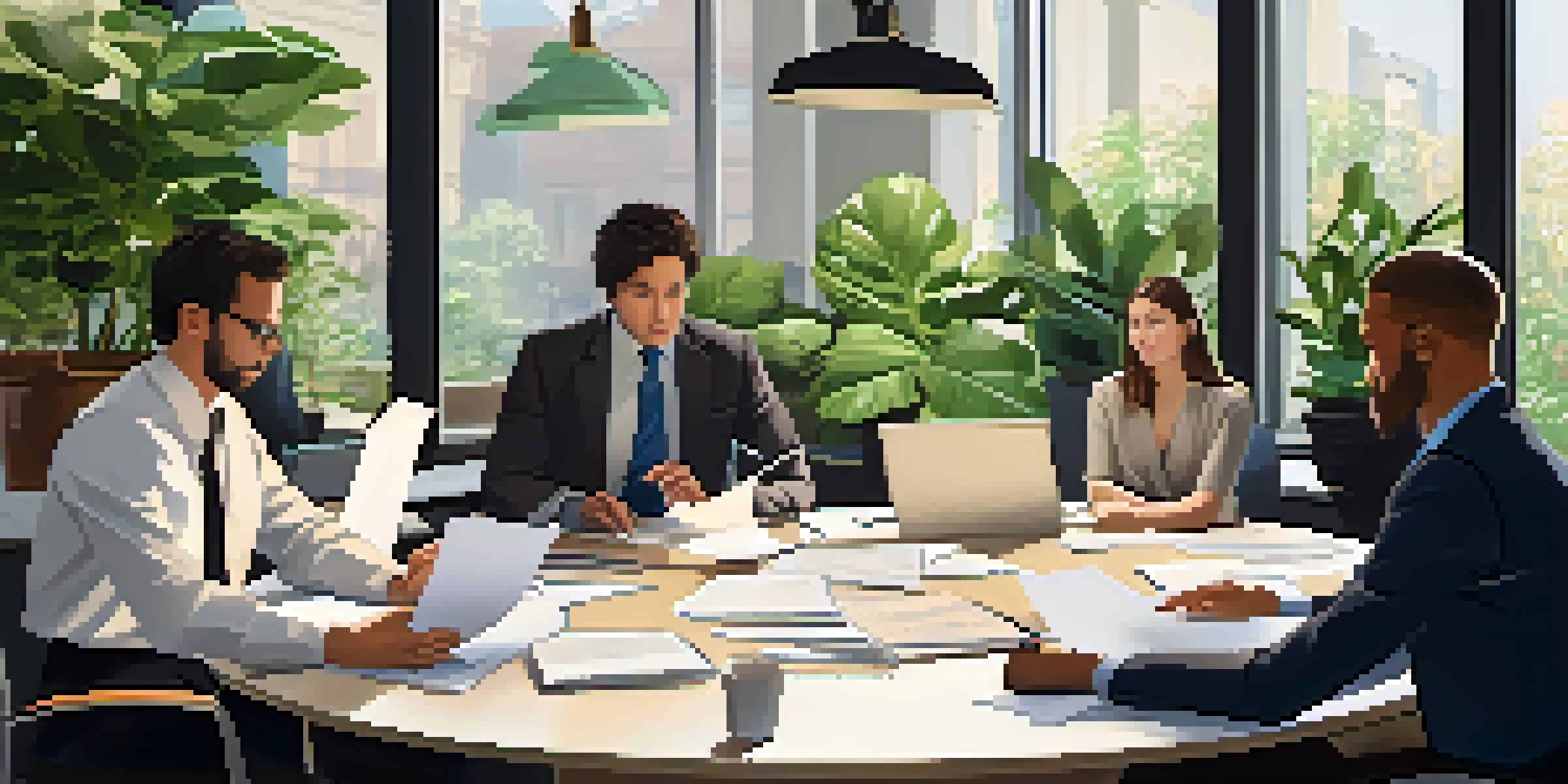 A diverse team of professionals collaborating in a bright office setting, surrounded by natural light and greenery.