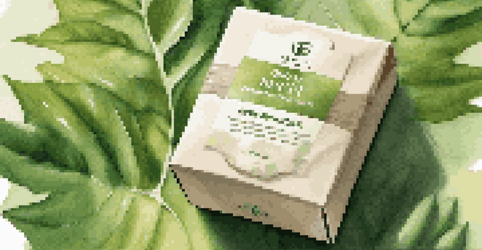 A close-up of biodegradable packaging set against a green landscape, highlighting its eco-friendly texture and colors.