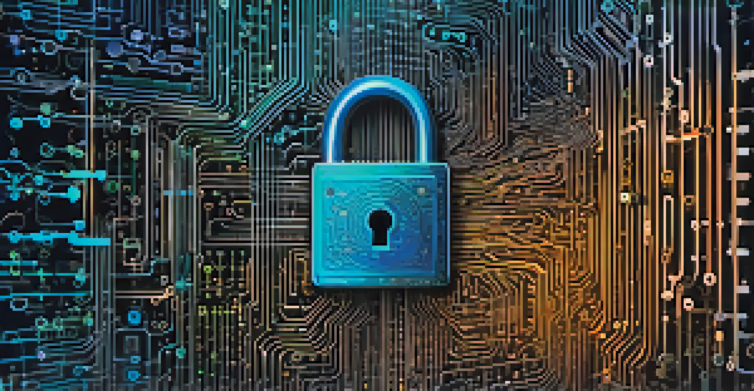 An abstract digital lock made of binary code, surrounded by colorful data streams and visualized threats against a dark background.