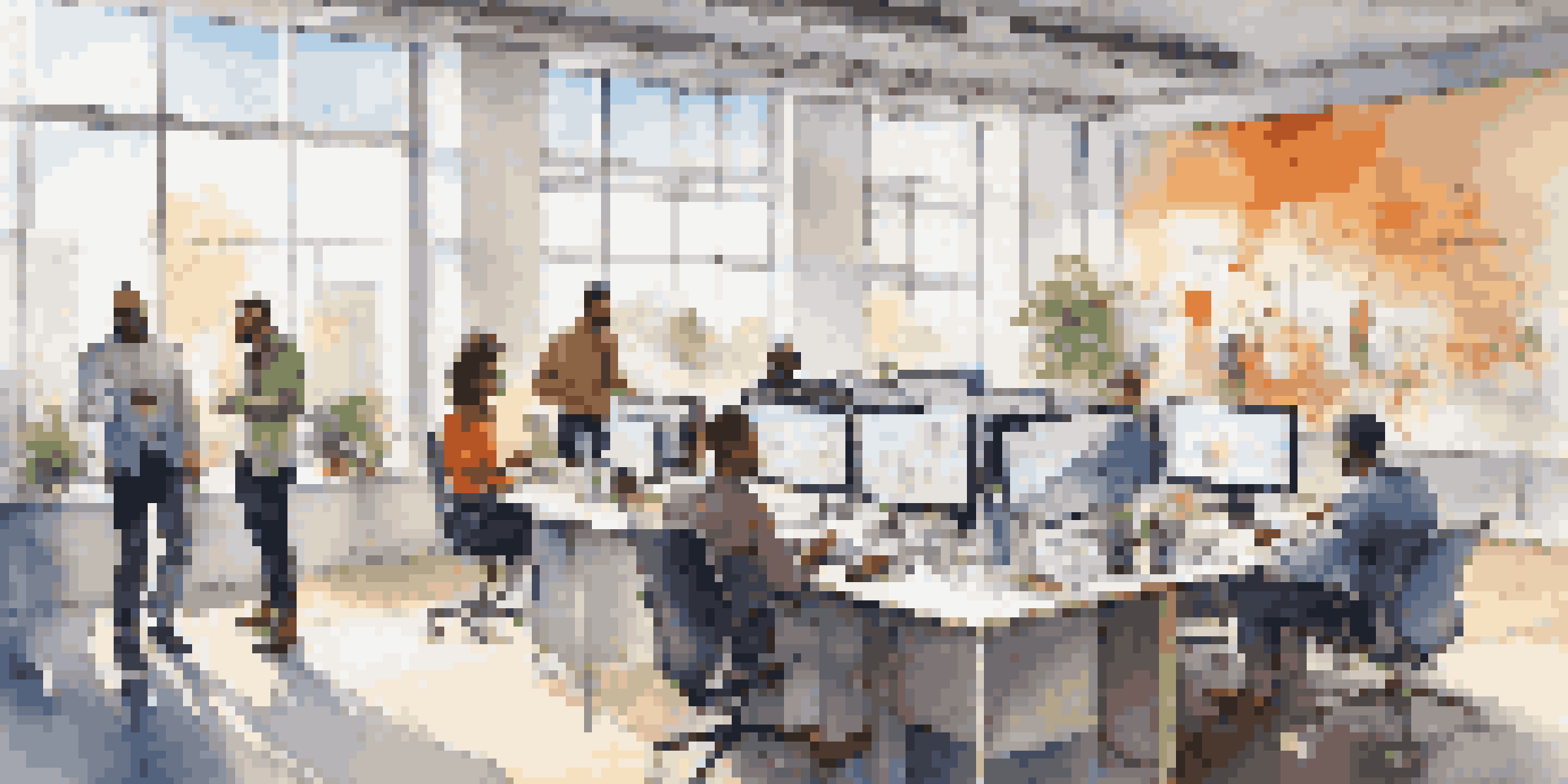 A diverse group of employees in a bright office collaborating on ideas with modern technology and creative decor.