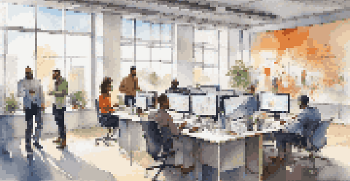 A diverse group of employees in a bright office collaborating on ideas with modern technology and creative decor.