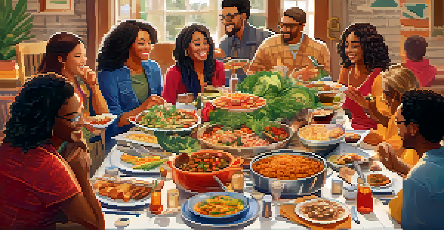 A vibrant potluck dinner table filled with various dishes and people gathered around sharing food and laughter.