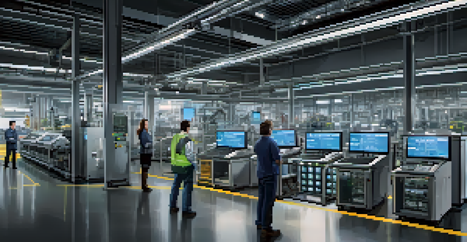 A smart factory with machines and IoT devices connected to a control panel, displaying performance analytics.