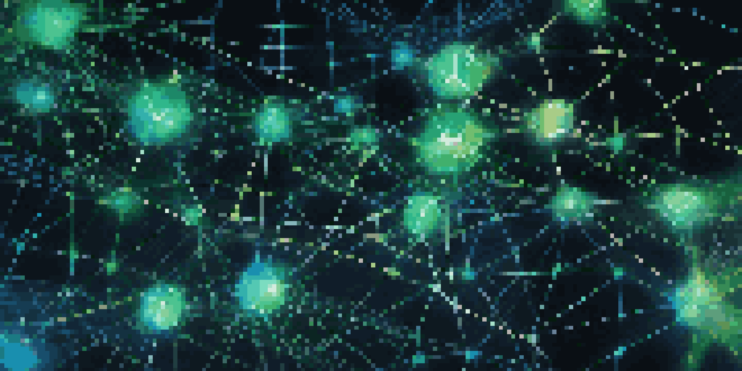 A detailed visualization of a blockchain network with interconnected nodes and glowing lines in blue and green colors.