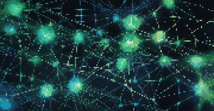 A detailed visualization of a blockchain network with interconnected nodes and glowing lines in blue and green colors.
