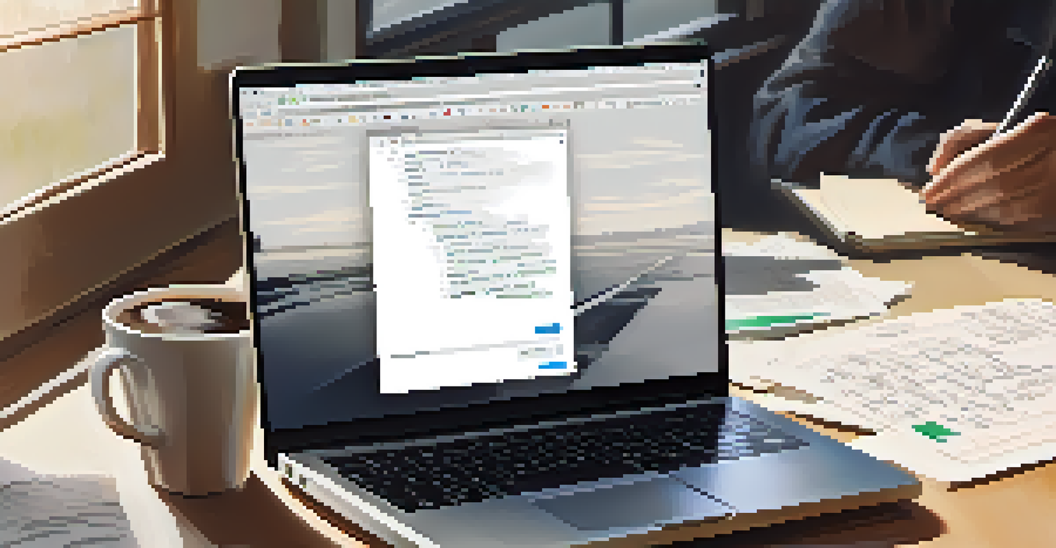 A close-up of someone writing a follow-up message on a laptop, surrounded by notes and a coffee cup.