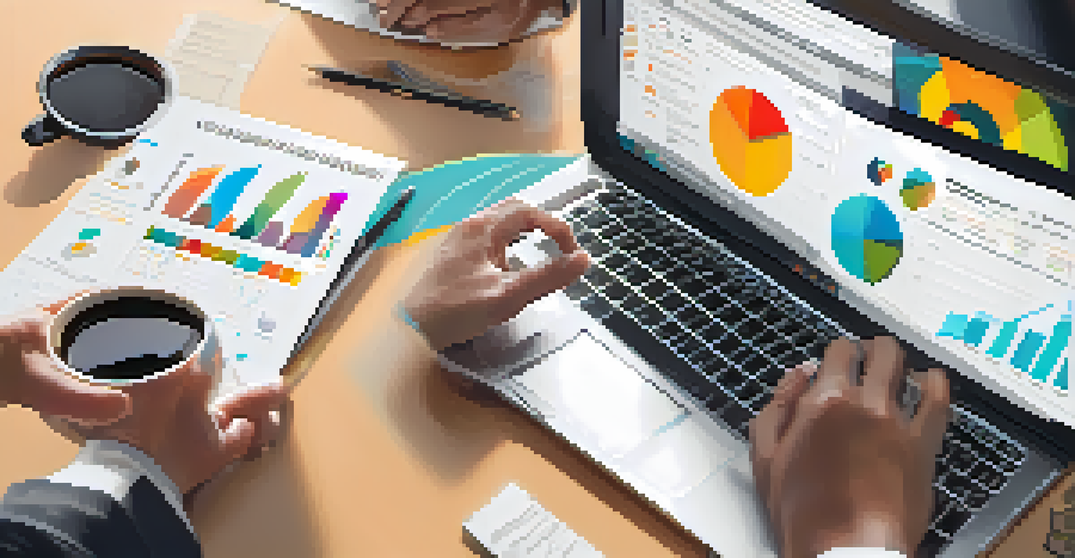 Close-up of hands typing on a laptop showing sustainability metrics on a dashboard, with a cup of coffee and a notepad nearby.