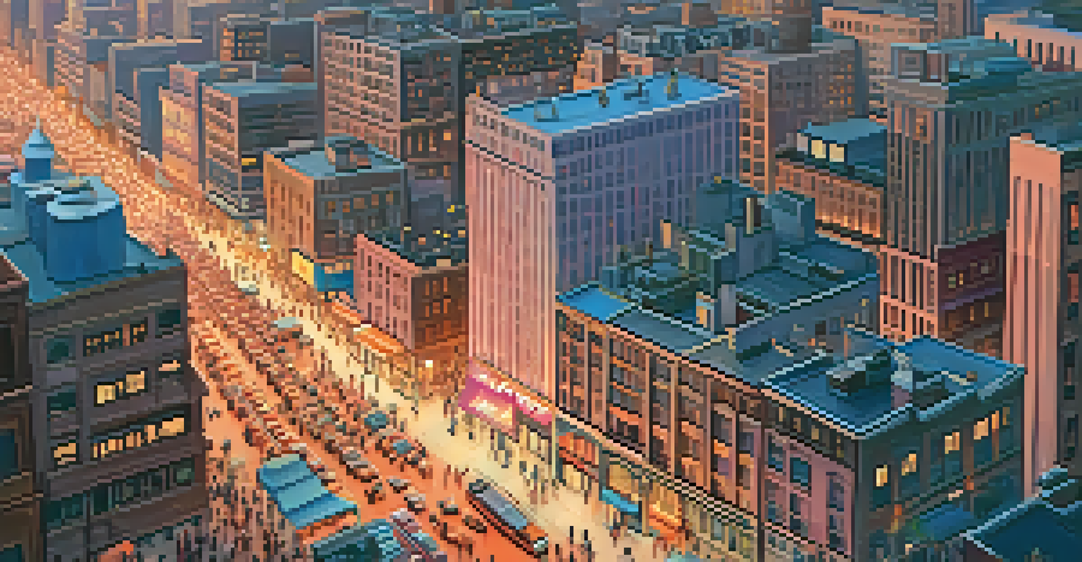 A sunset cityscape showing people on their smartphones, with a colorful sky and vibrant city buildings.
