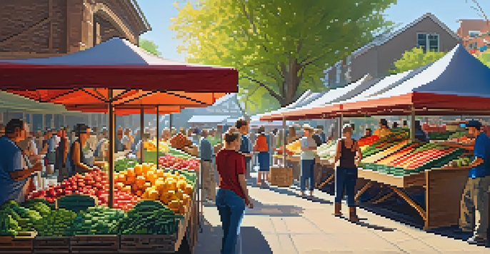 A bustling farmer's market with people shopping for fresh organic produce and artisanal goods under warm sunlight.