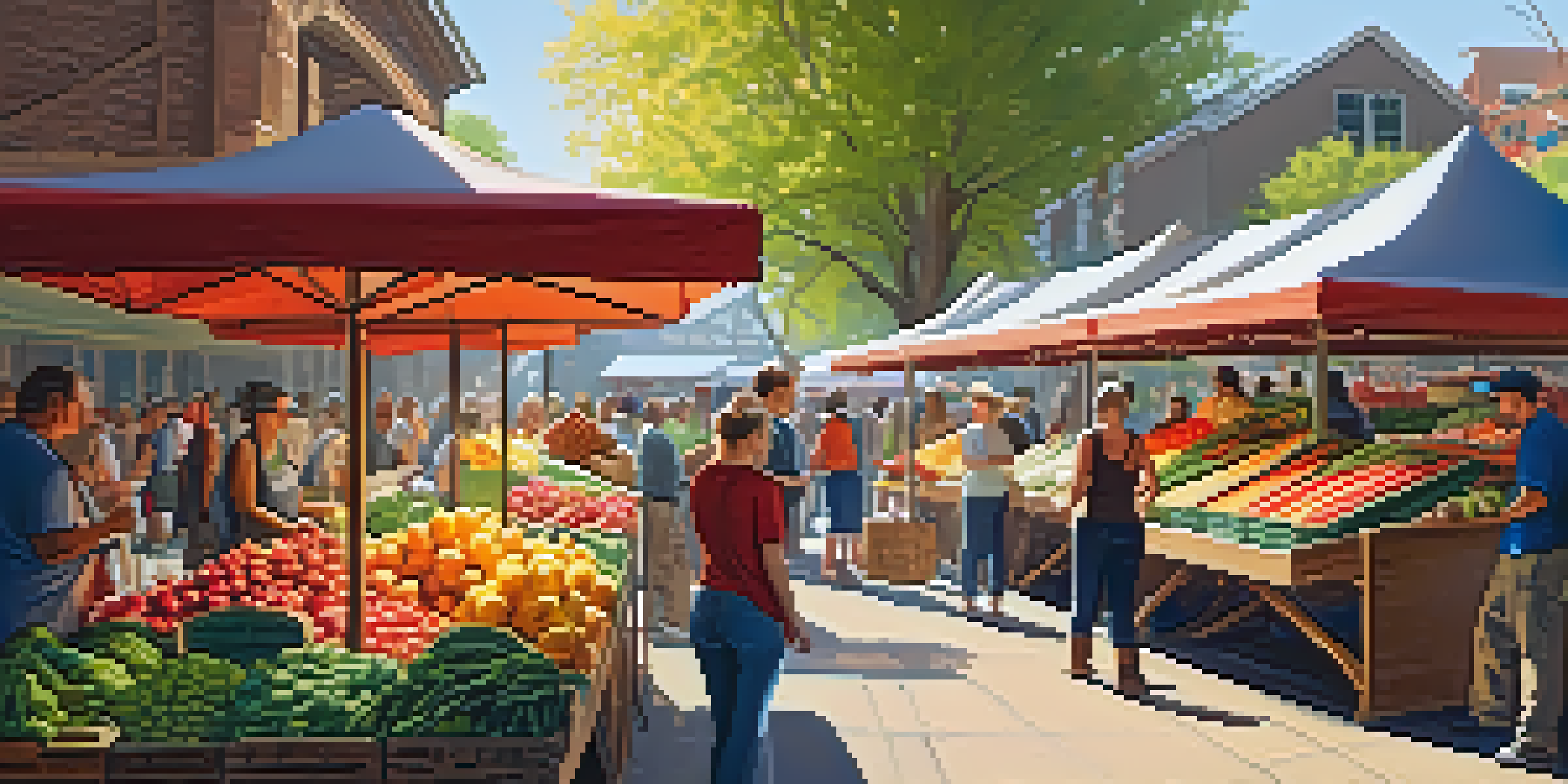A bustling farmer's market with people shopping for fresh organic produce and artisanal goods under warm sunlight.