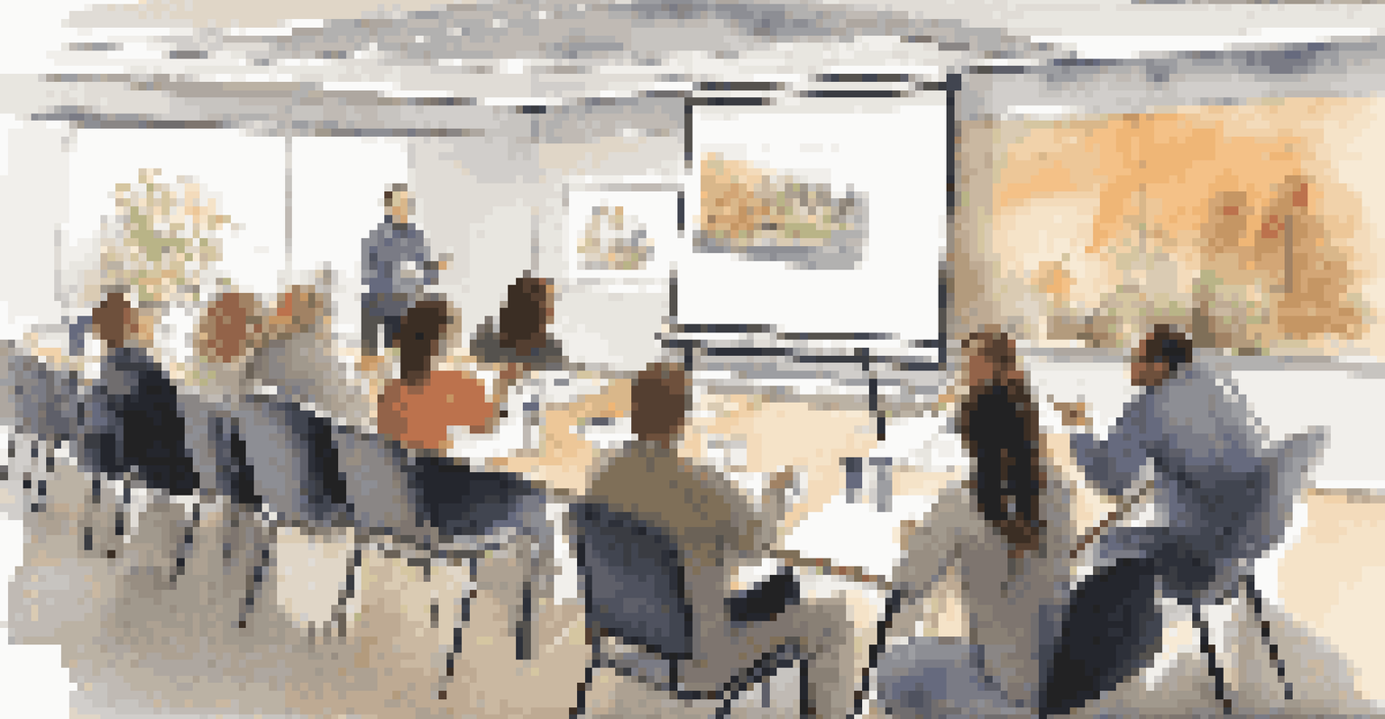 A mentor leading a professional development workshop with attentive employees in a well-equipped training room.