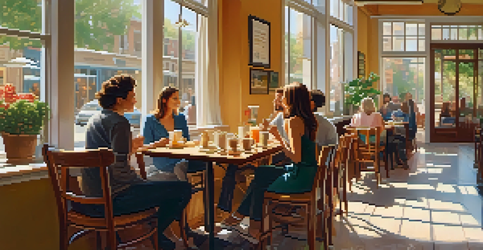 A group of friends enjoying coffee and pastries in a bright café with large windows and potted plants.