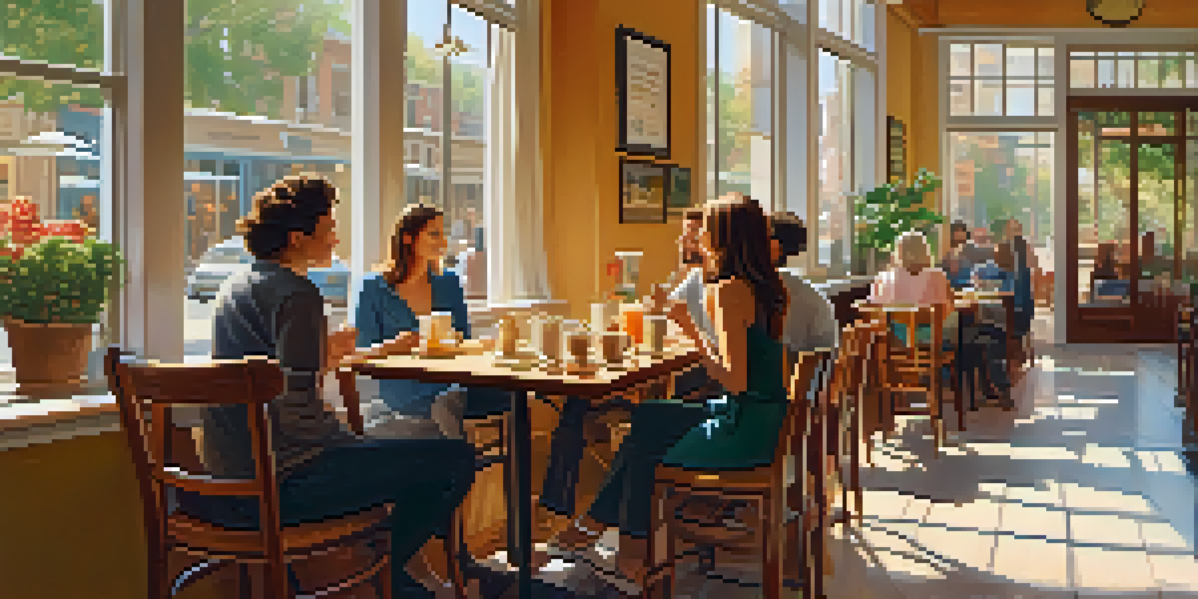 A group of friends enjoying coffee and pastries in a bright café with large windows and potted plants.
