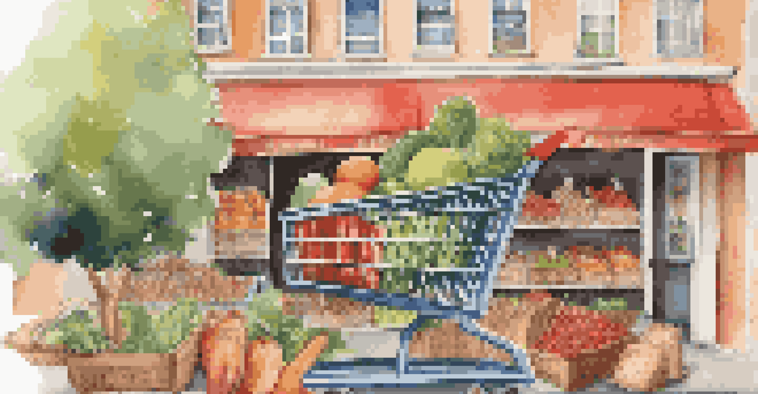 A shopping cart with ethically sourced products in a bright grocery store.