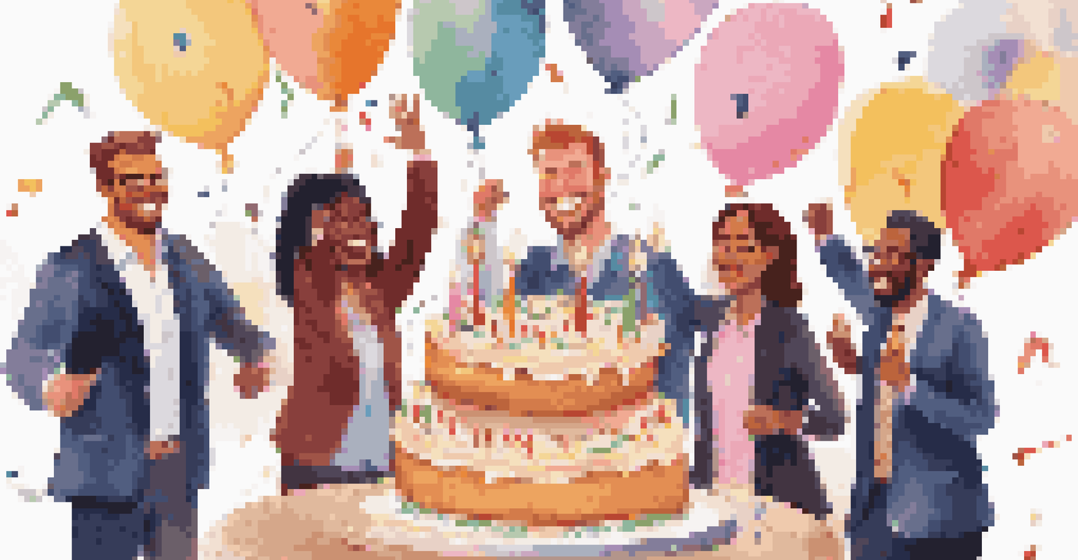 A sales team celebrating a milestone achievement with smiles, high-fives, and a cake in a festive office setting.