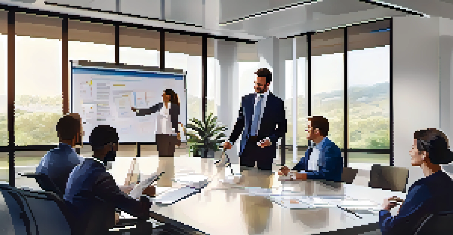 A team meeting in a bright conference room with a leader delegating tasks and team members engaged, with a whiteboard in the background.