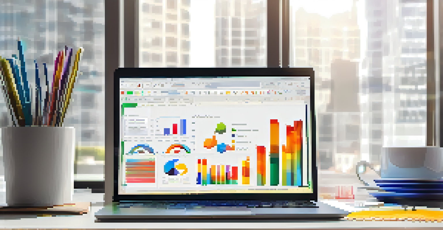 A laptop screen showing colorful data visualizations with office supplies around it.
