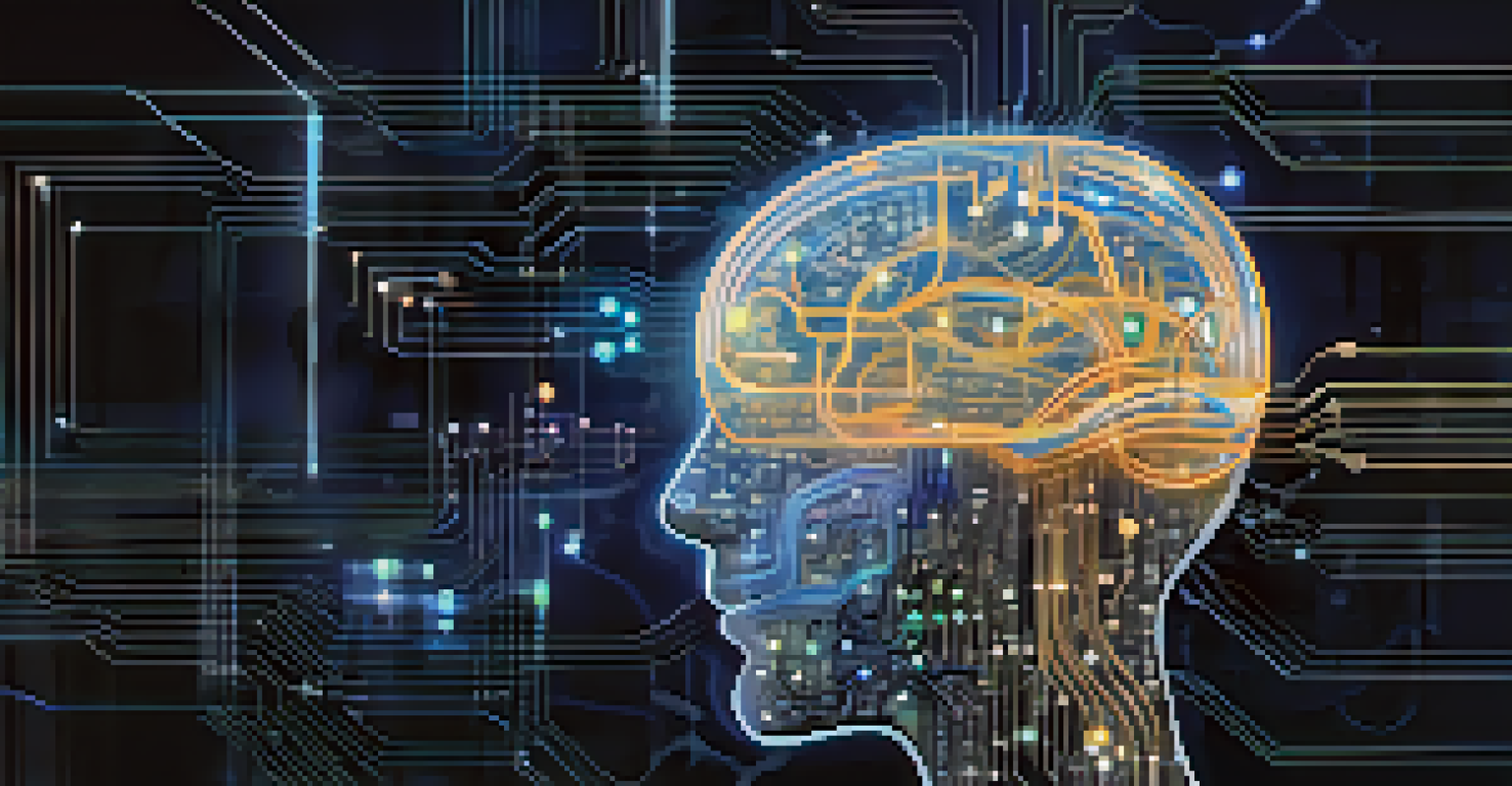 An abstract digital brain with glowing circuits representing AI in data analysis against a dark background.