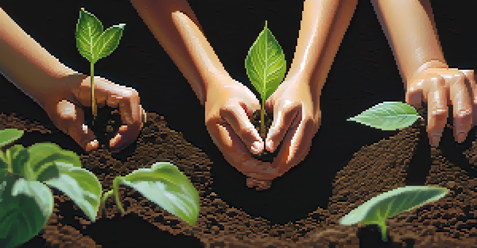 Close-up of diverse hands planting a sapling in soil, symbolizing unity and growth.