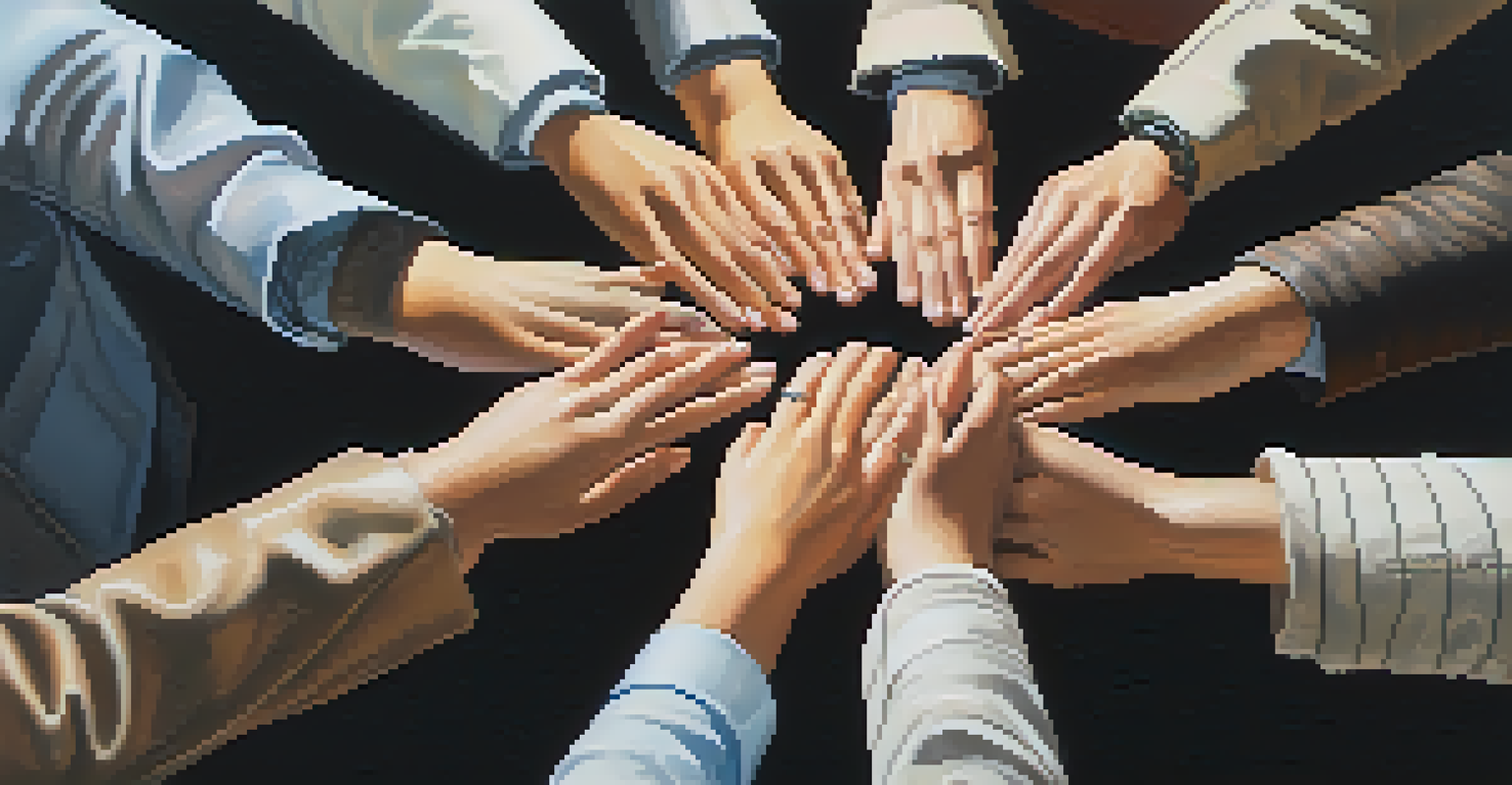 Hands from diverse cultures joining together in a circle, representing unity and collaboration in a warm office setting.