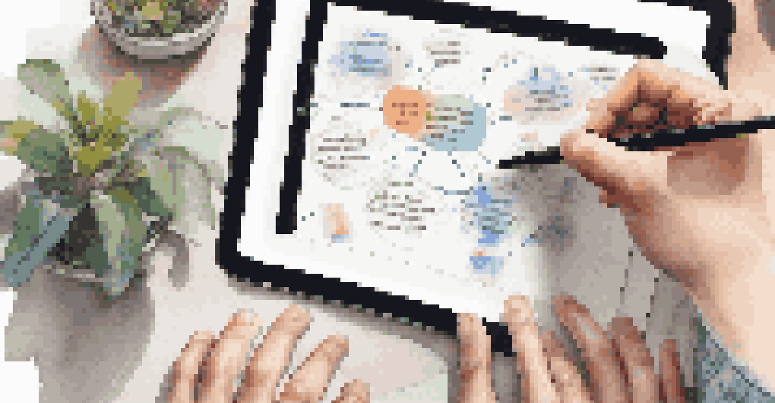 Close-up of diverse hands sketching ideas on a tablet, displaying a colorful mind map in a cozy workspace.