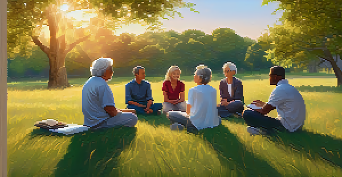 A diverse group engaged in a mentorship session outdoors, with a mentor sharing insights under an oak tree at sunset.
