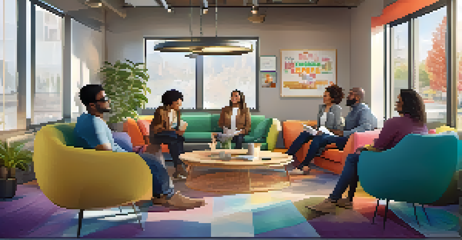 Employees of different ethnicities and genders gathered in a cozy lounge area for a resource group meeting, discussing ideas enthusiastically.