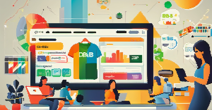 A lively e-commerce scene with a laptop and mobile phone displaying online shopping and subscription services, surrounded by colorful graphics of different e-business models.