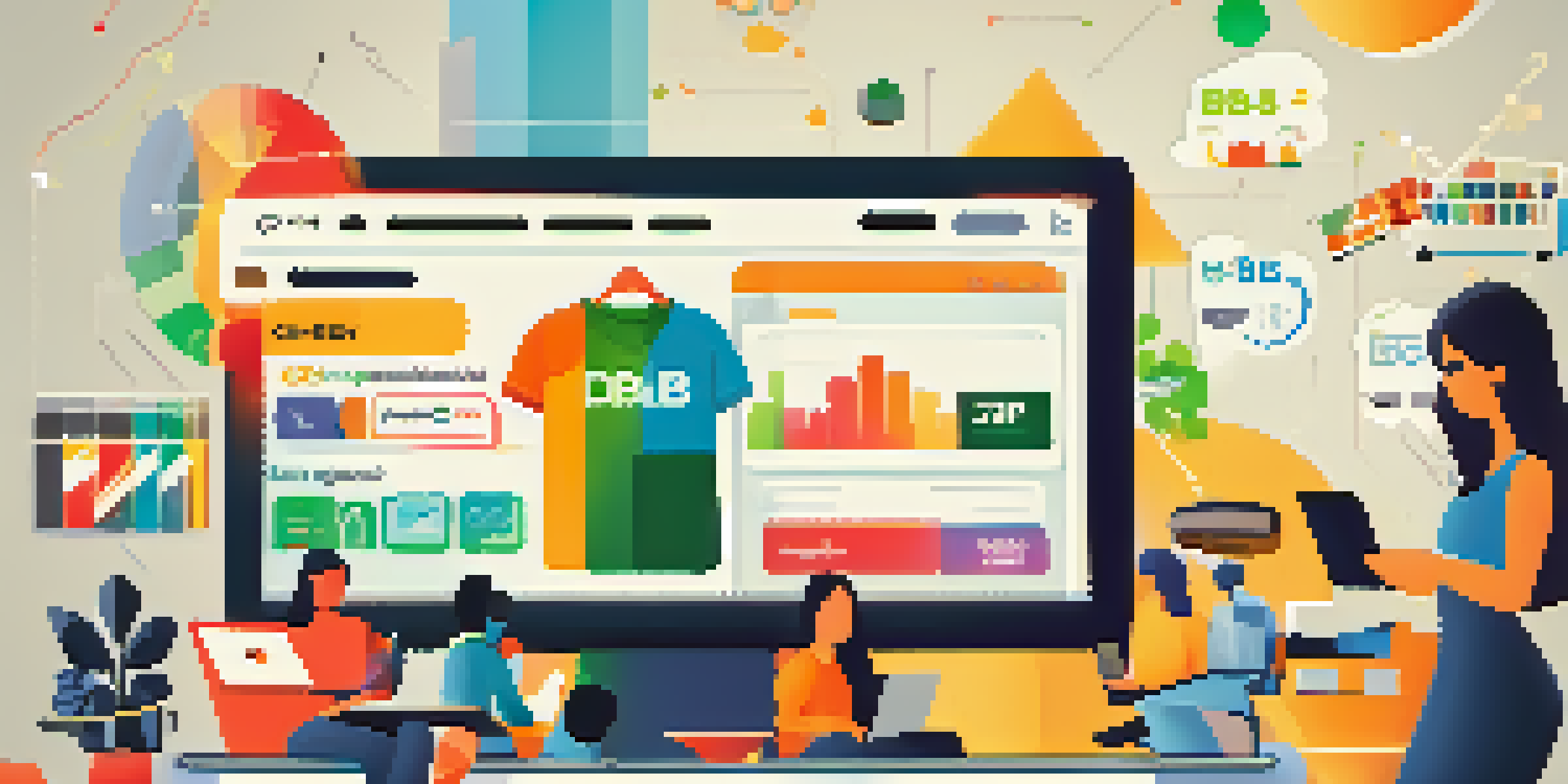 A lively e-commerce scene with a laptop and mobile phone displaying online shopping and subscription services, surrounded by colorful graphics of different e-business models.
