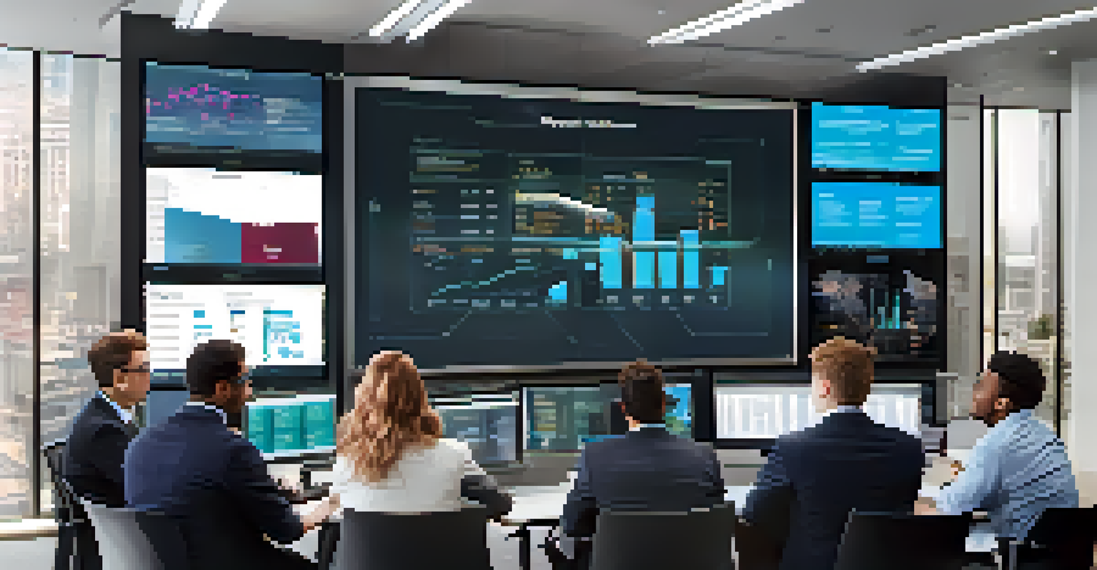A financial office with analysts discussing real-time market data displayed on a large screen.