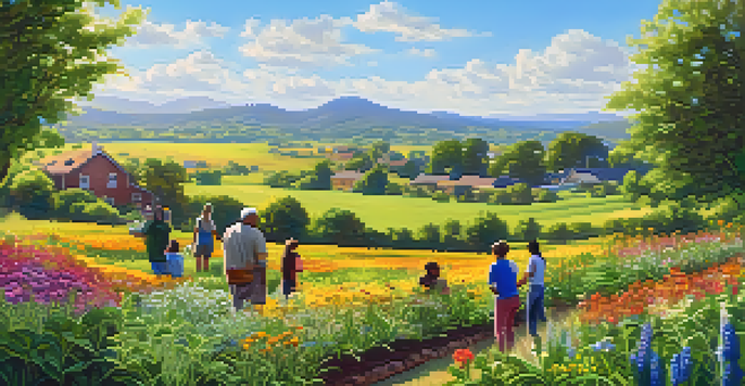 A diverse group of people working together in a community garden, surrounded by flowers and greenery under a clear blue sky.