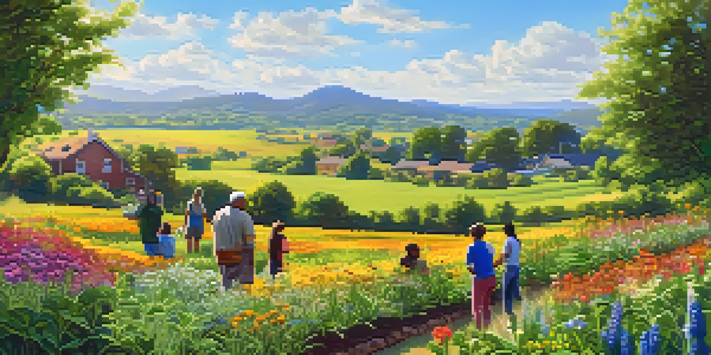A diverse group of people working together in a community garden, surrounded by flowers and greenery under a clear blue sky.