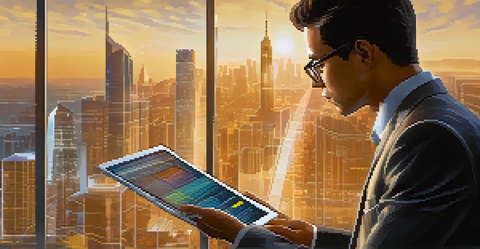 A business professional examining data on a tablet, with a city skyline in the background and morning sunlight.