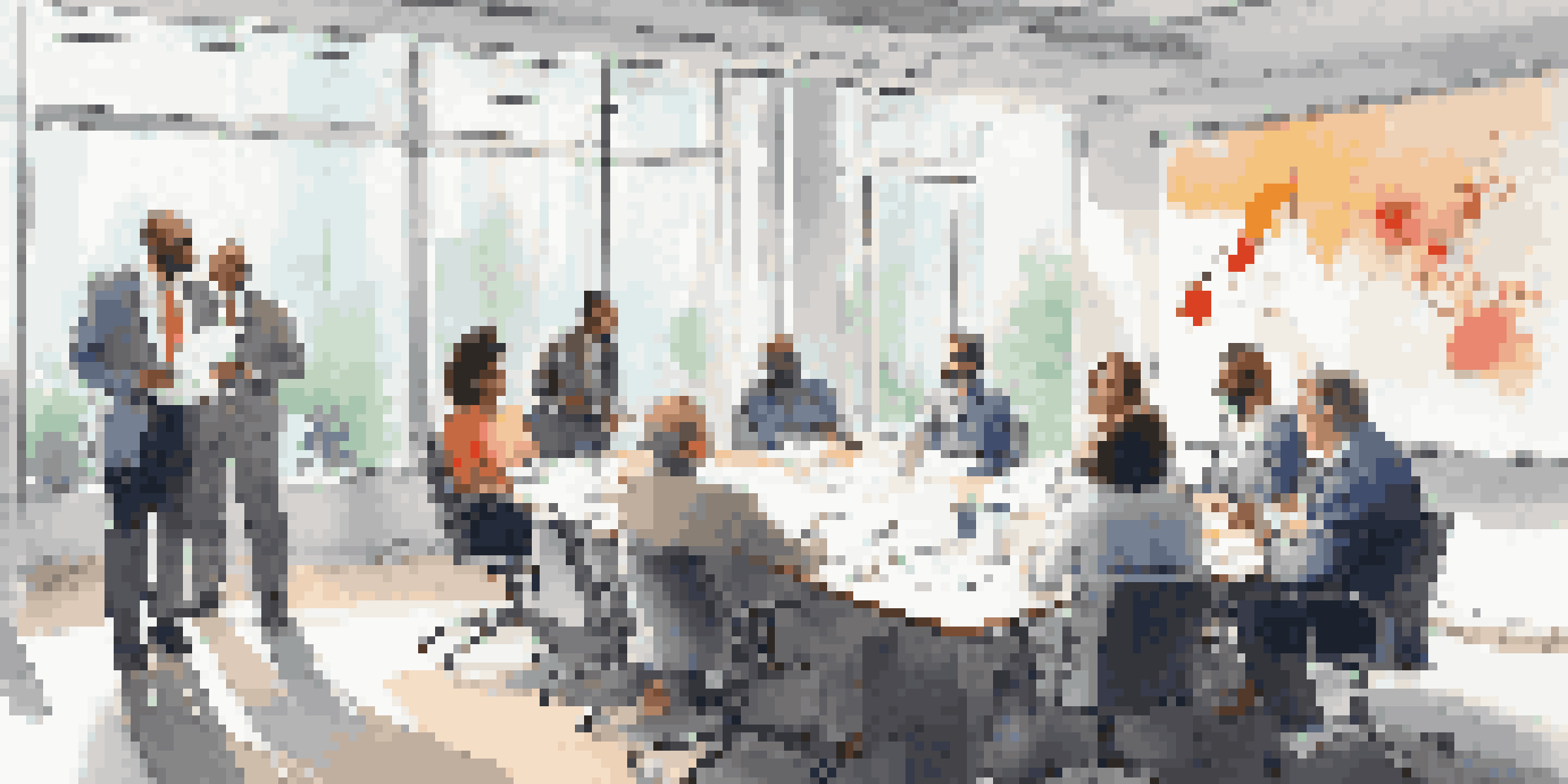 A diverse group of professionals in a conference room discussing crisis management strategies with documents and charts on the table.