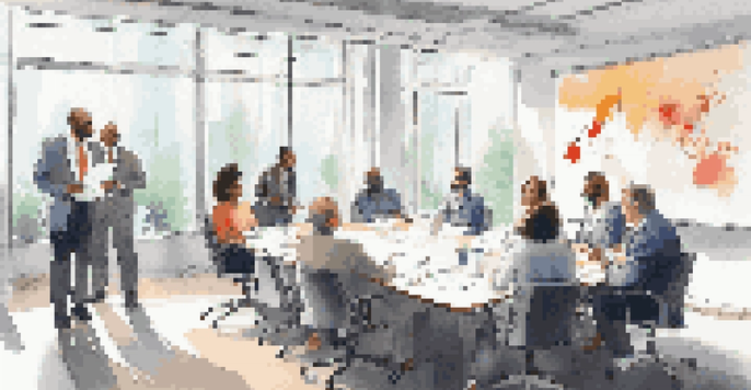 A diverse group of professionals in a conference room discussing crisis management strategies with documents and charts on the table.
