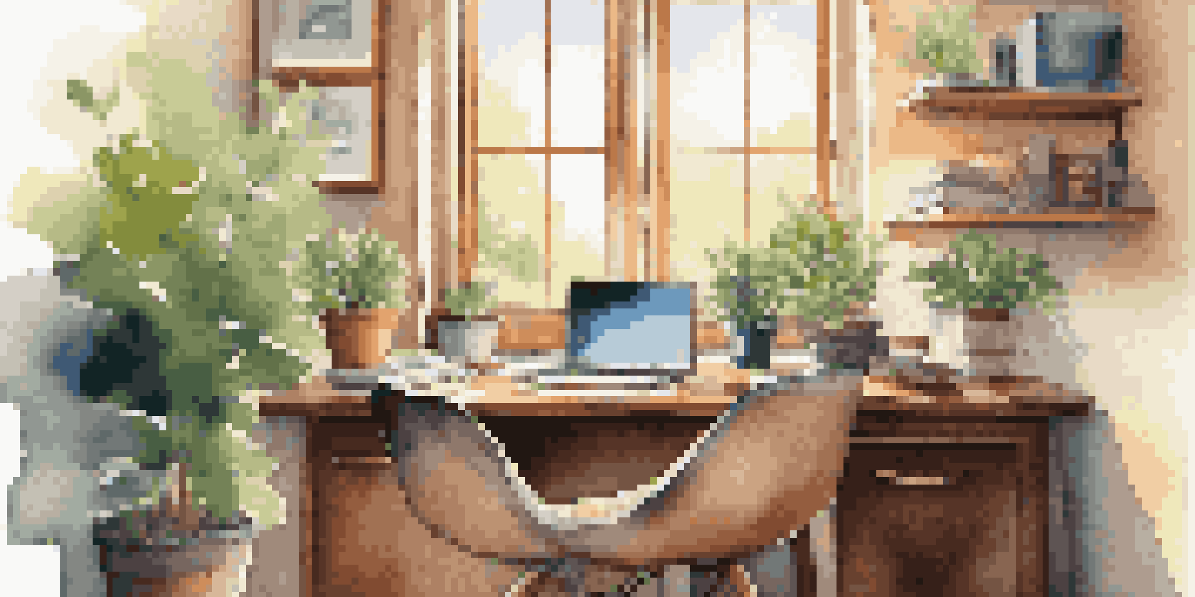 A cozy modern workspace with a wooden desk, laptop, and coffee cup, illuminated by natural light from a window with greenery outside.