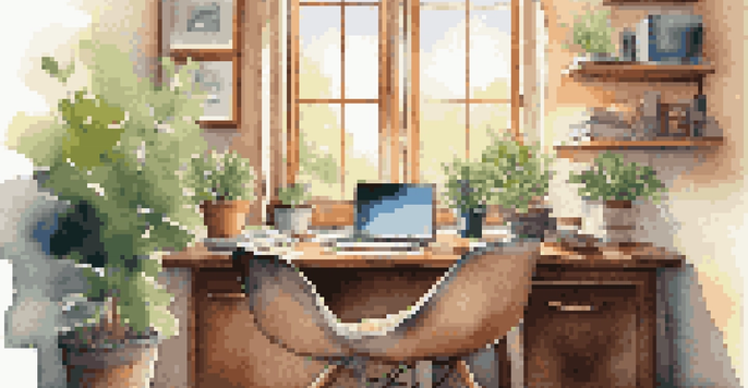 A cozy modern workspace with a wooden desk, laptop, and coffee cup, illuminated by natural light from a window with greenery outside.