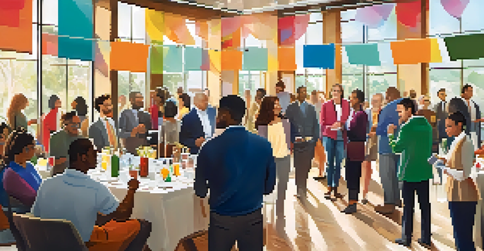 A busy networking event with entrepreneurs discussing and exchanging ideas in a bright room.