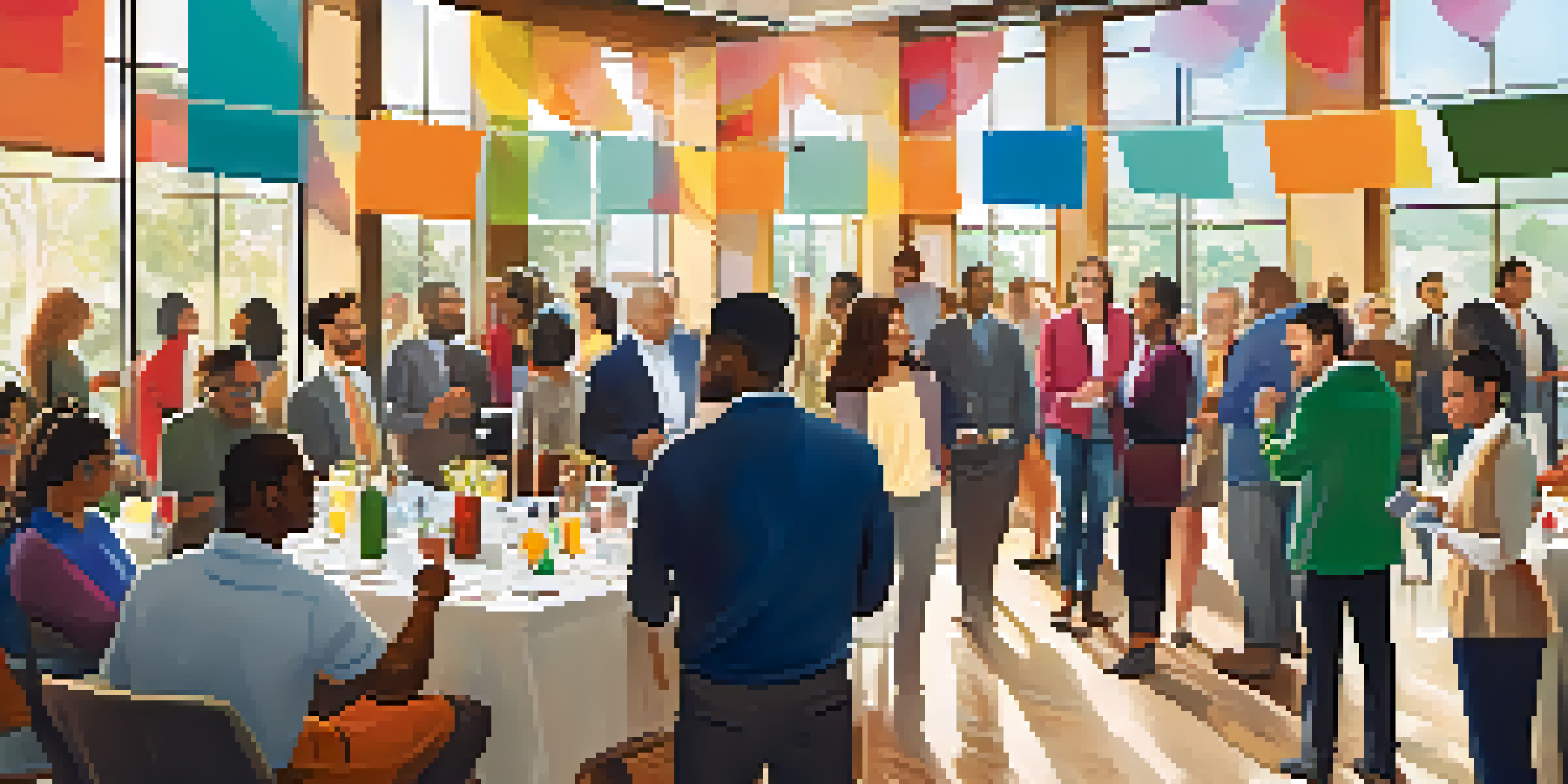 A busy networking event with entrepreneurs discussing and exchanging ideas in a bright room.